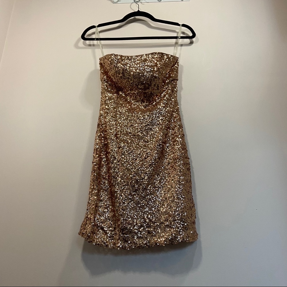 Gold strapless sequin dress